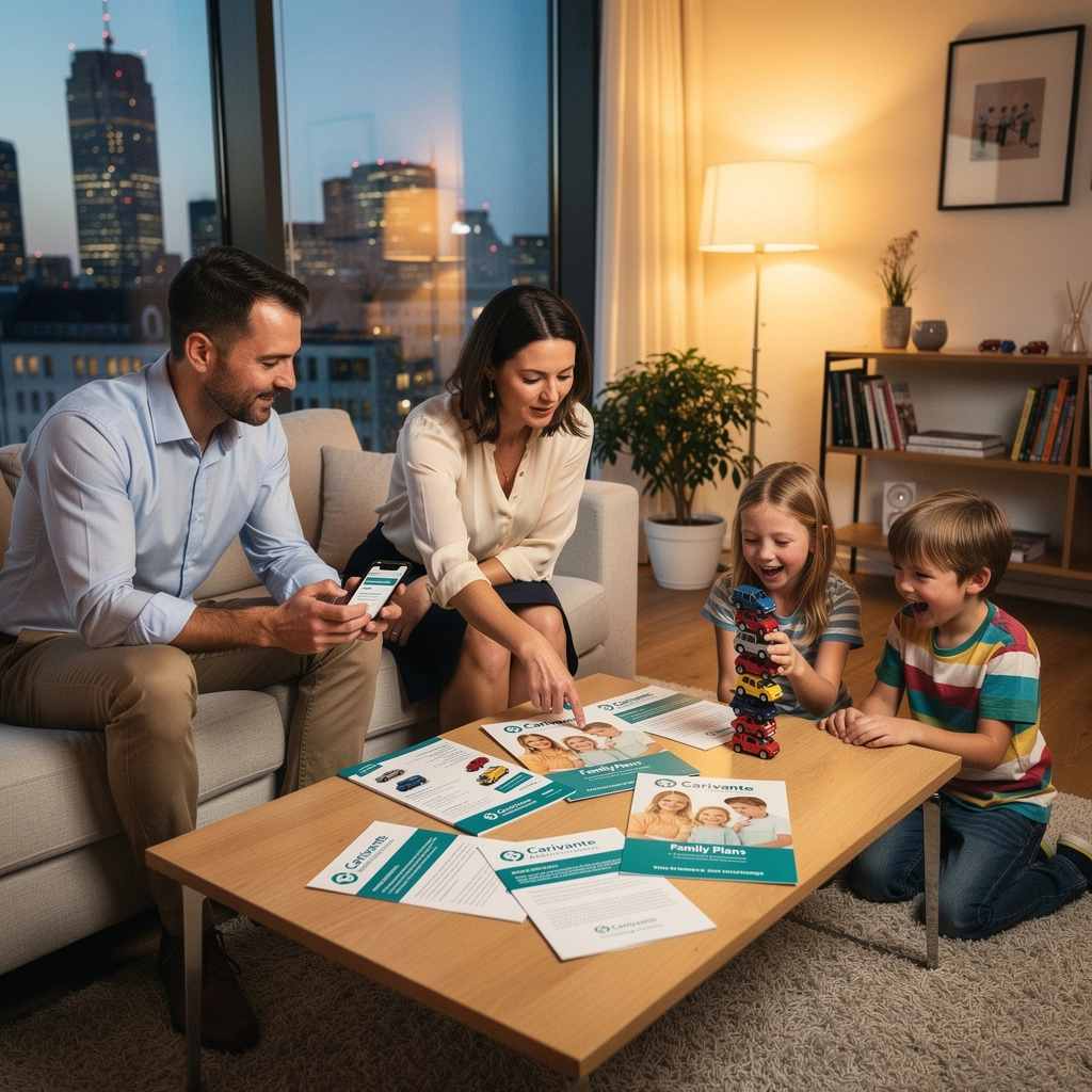 Familienmitgliedern, die gemeinsam einen Auto-Versicherungsplan besprechen und vergleichen.