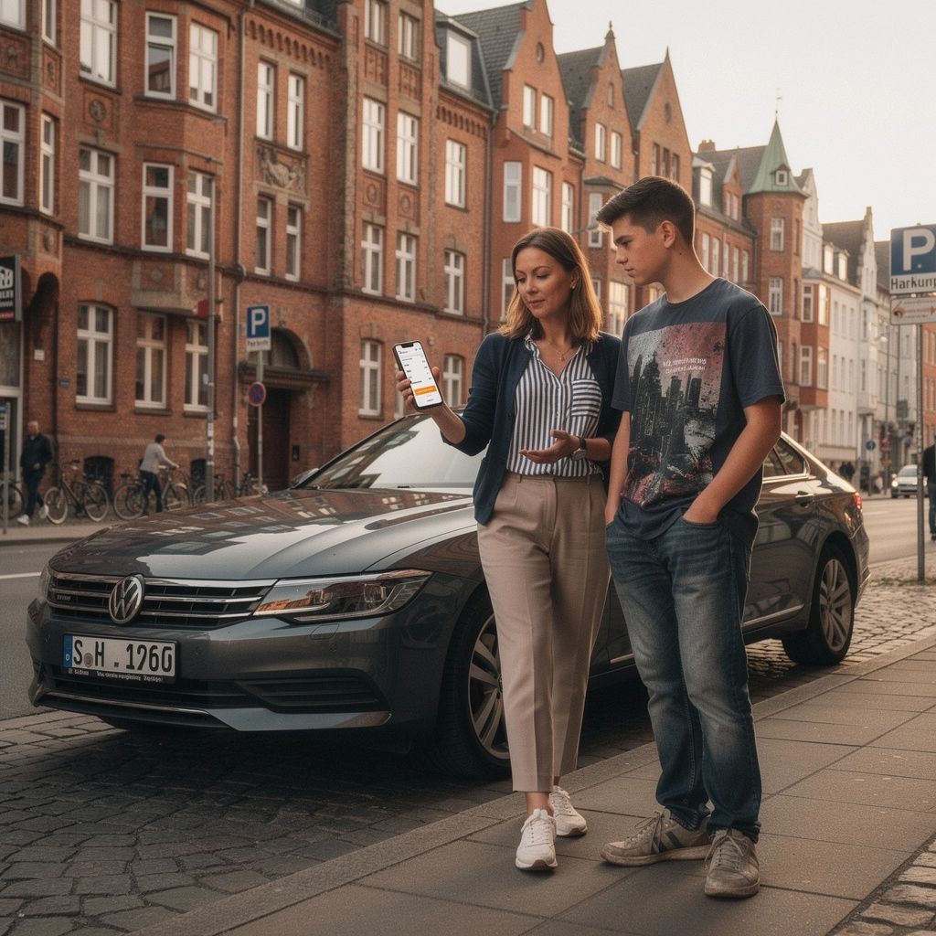 Familie, die die Vorzüge einer gemeinsamen Auto-Versicherungspolice erörtert.